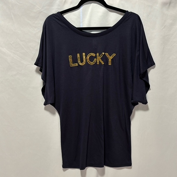 “LUCKY” Gold Sequined, Navy, Wide Neck, Short Sleeve Dolman Shirt - Picture 1 of 6